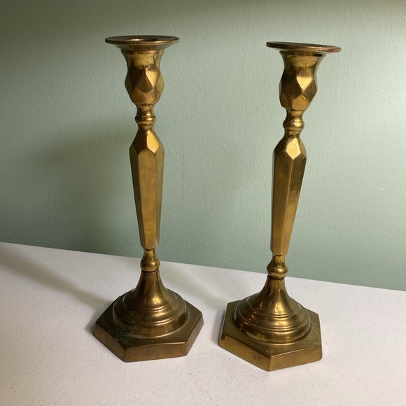 Solid Brass Hexagon Design Candlestick Holder Set of 2 - Picture 2 of 5